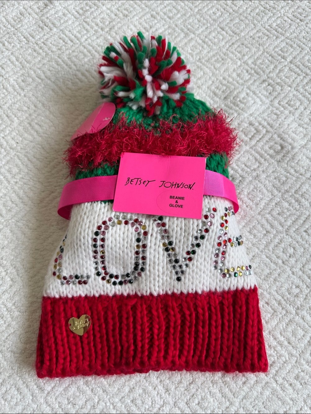 Betsey Johnson Red, White & Green Rhinestone 'LOVE' Pom Beanie/Gloves